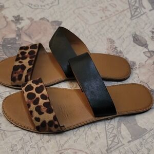Lulu's Leopard & Black Double-Strap Slide Sandals
